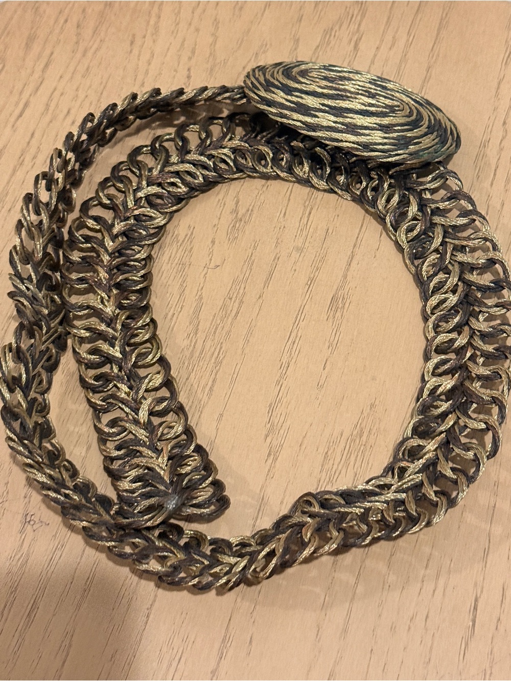 Braided Metallic Waist Belt with Decorative Oval Buckle - Gold